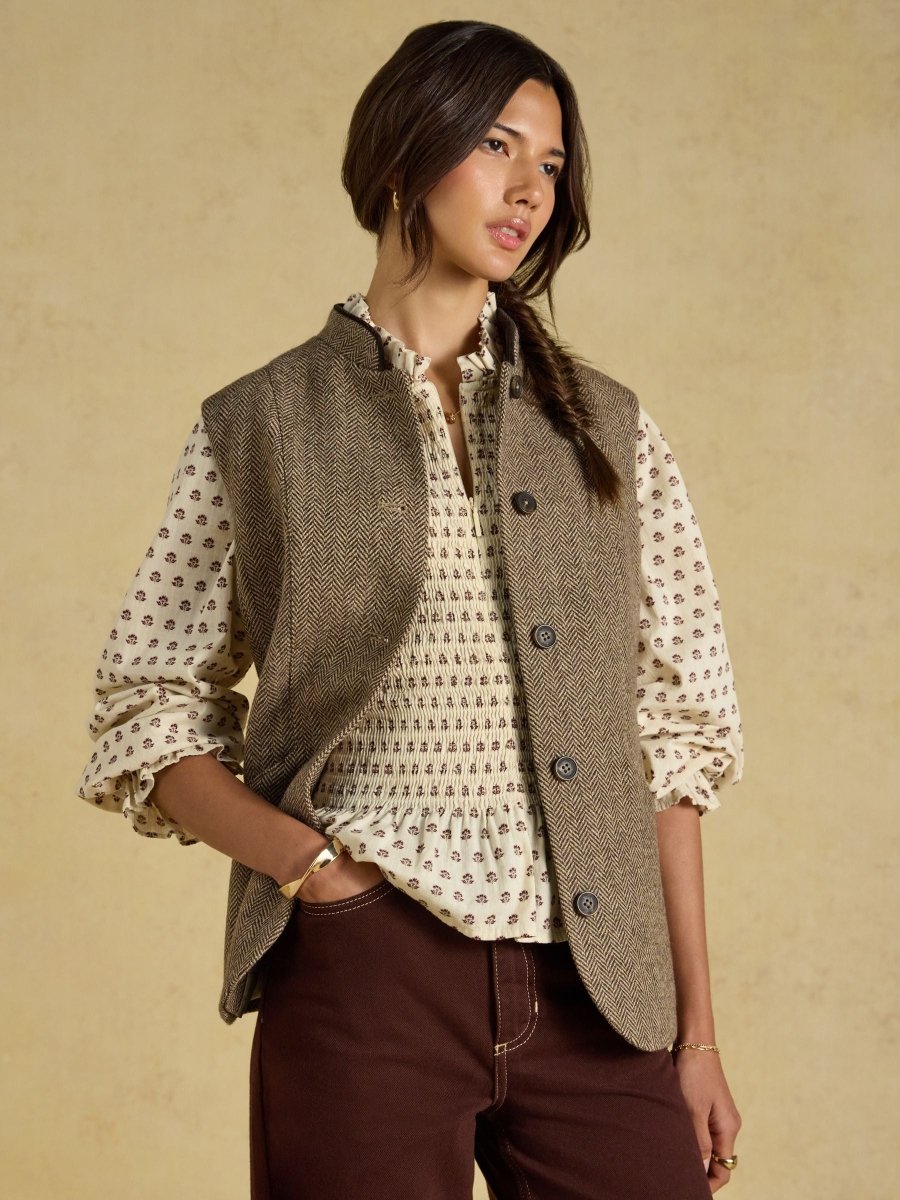 Tweed Wool Blend Nehru Collar Gilet - Brown - RUTHERFORD & Co