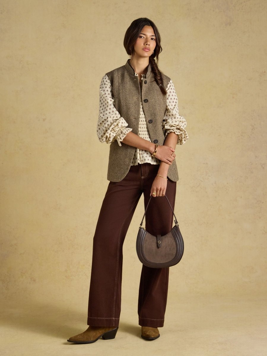 Tweed Wool Blend Nehru Collar Gilet - Brown - RUTHERFORD & Co
