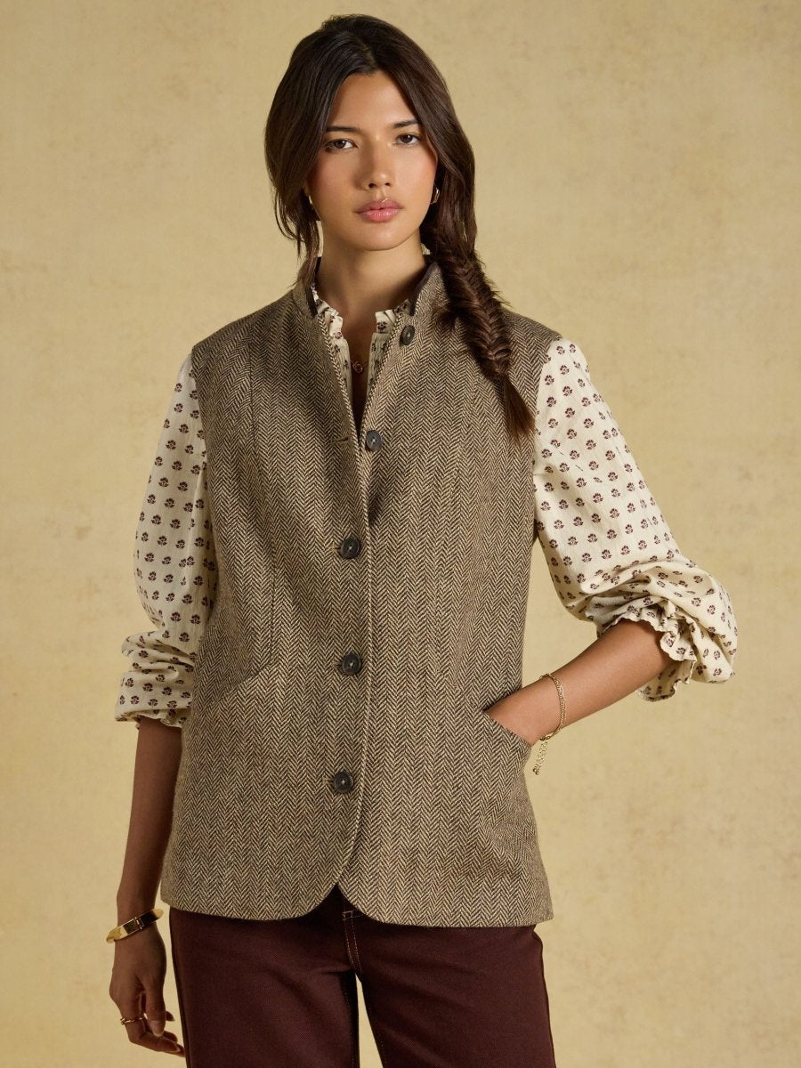 Tweed Wool Blend Nehru Collar Gilet - Brown - RUTHERFORD & Co