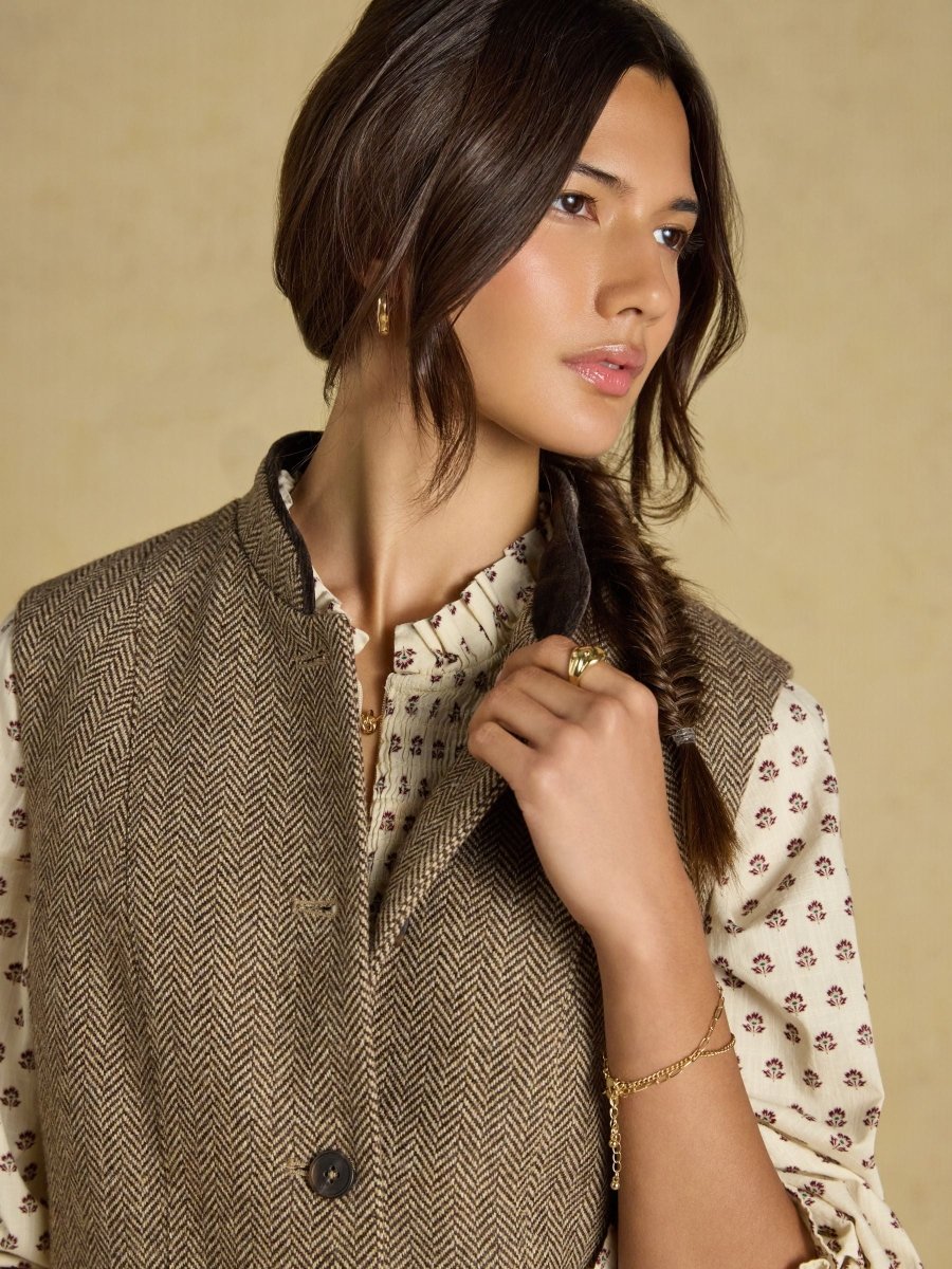 Tweed Wool Blend Nehru Collar Gilet - Brown - RUTHERFORD & Co