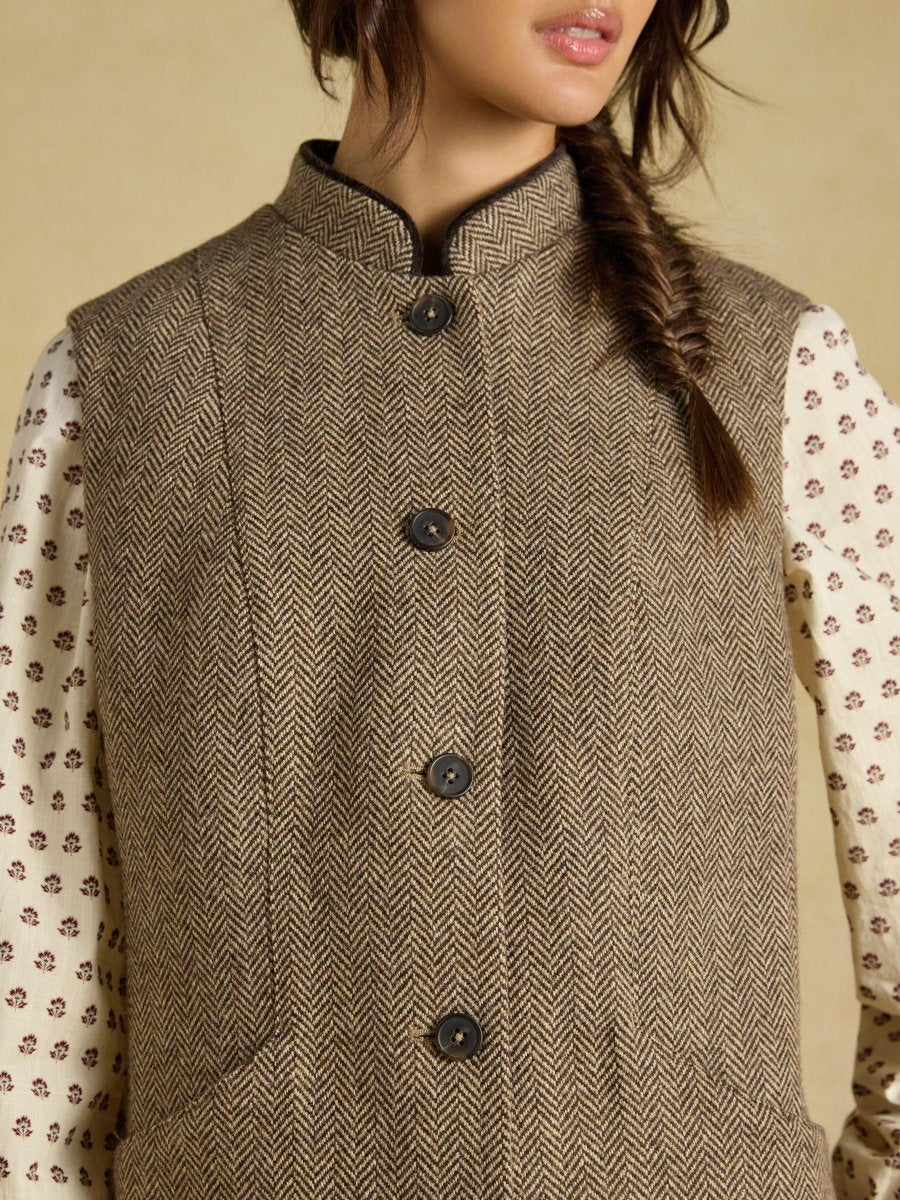 Tweed Wool Blend Nehru Collar Gilet - Brown - RUTHERFORD & Co