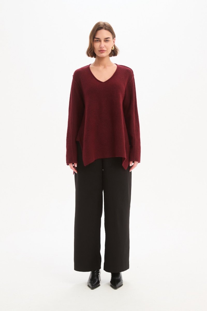 V Neck Split Knit Wine - RUTHERFORD & Co