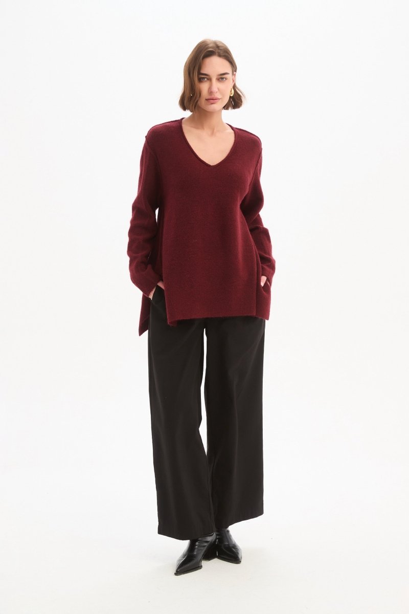 V Neck Split Knit Wine - RUTHERFORD & Co