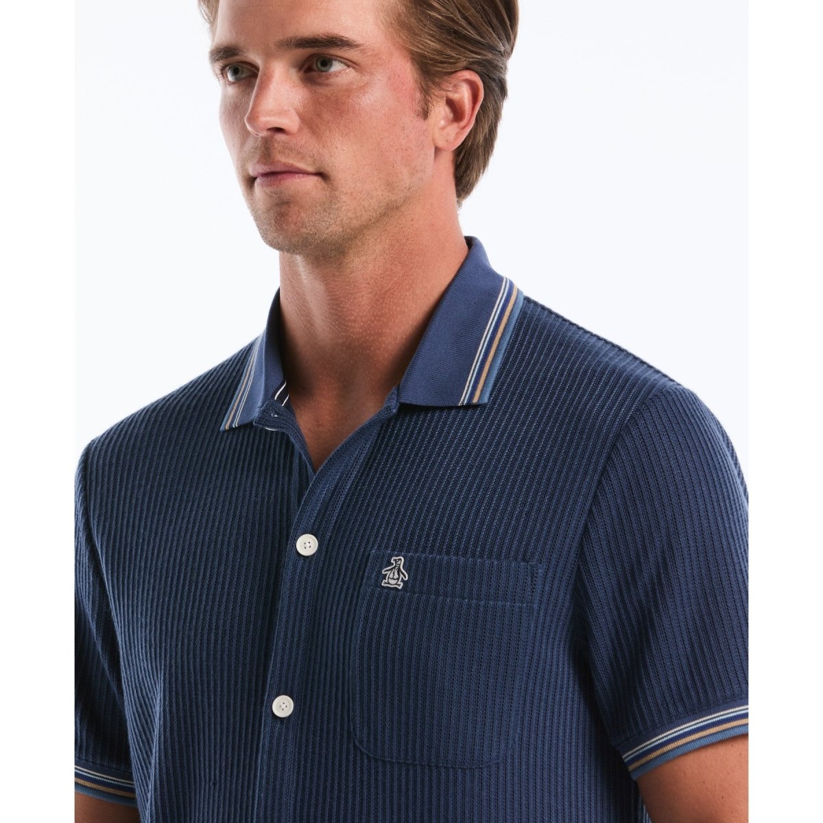 Vertical Jacquard Button Front Polo Shirt In Sargasso Sea - RUTHERFORD & Co