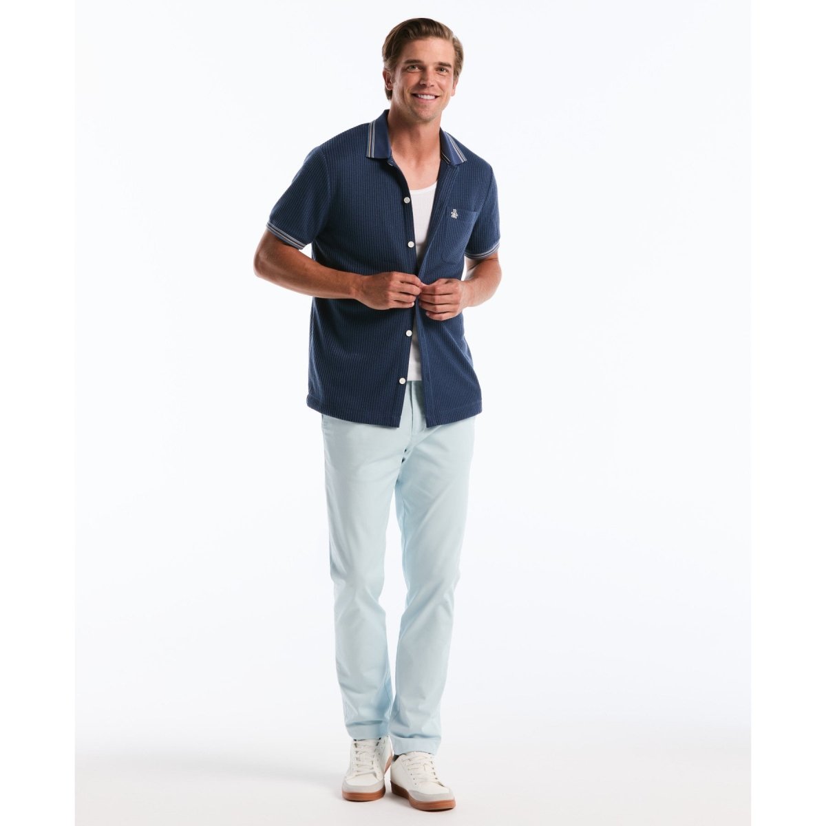Vertical Jacquard Button Front Polo Shirt In Sargasso Sea - RUTHERFORD & Co