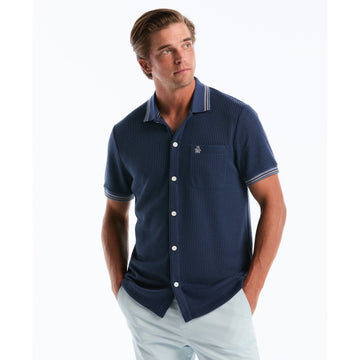 Vertical Jacquard Button Front Polo Shirt In Sargasso Sea - RUTHERFORD & Co