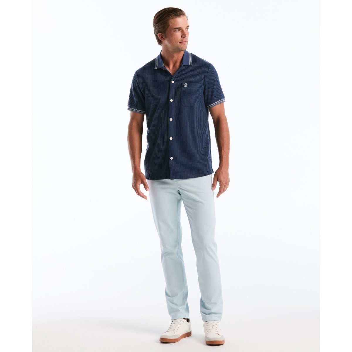 Vertical Jacquard Button Front Polo Shirt In Sargasso Sea - RUTHERFORD & Co