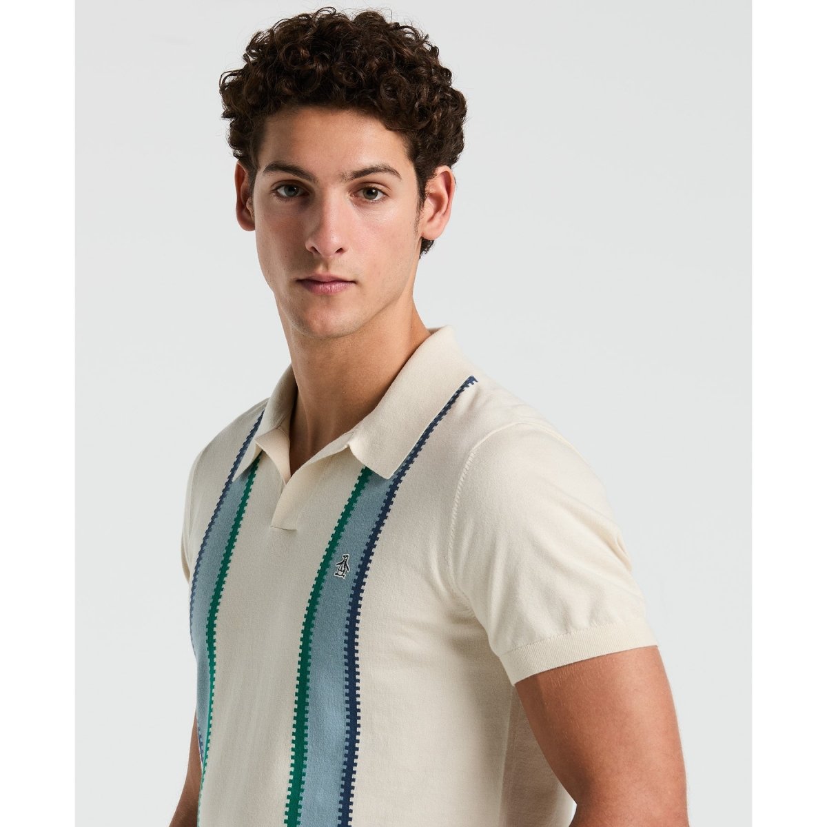 Vertical Stripe Sweater Polo Shirt In Birch - RUTHERFORD & Co