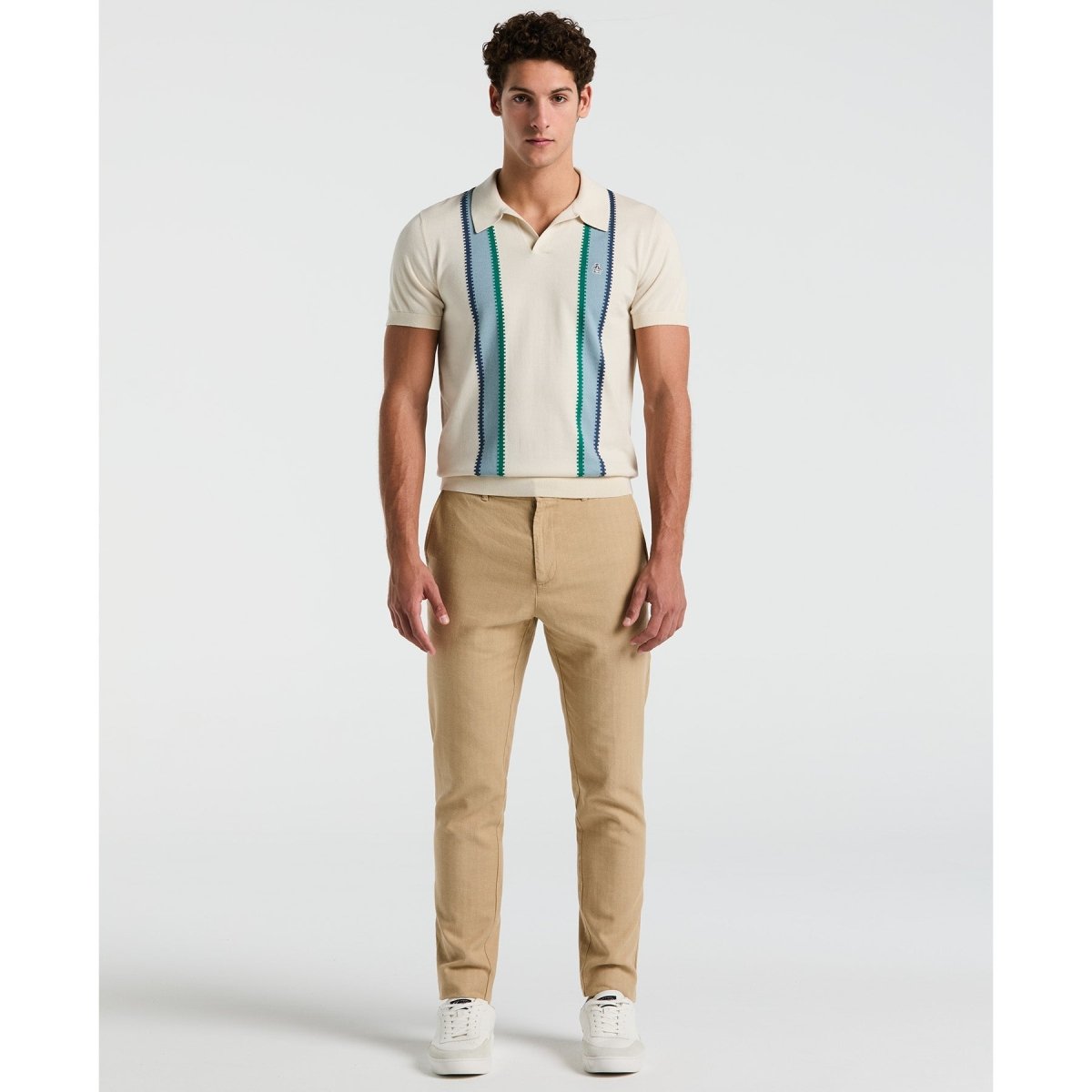 Vertical Stripe Sweater Polo Shirt In Birch - RUTHERFORD & Co