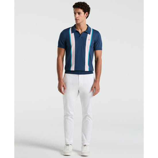 Vertical Stripe Sweater Polo Shirt In Sargasso Sea - RUTHERFORD & Co
