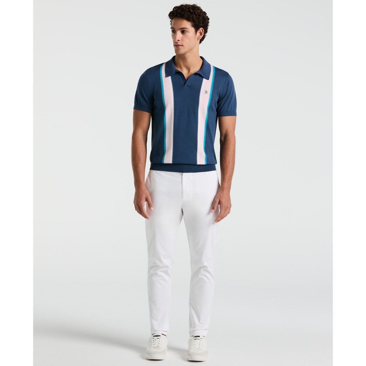 Vertical Stripe Sweater Polo Shirt In Sargasso Sea - RUTHERFORD & Co