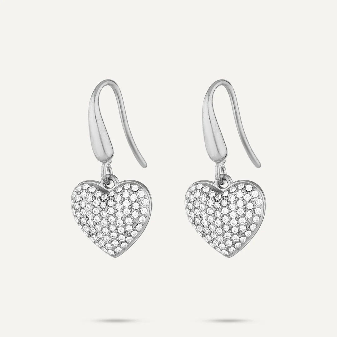 Vibes Pavé Heart Drop Earrings, White Gold-Plated Stainless Steel - RUTHERFORD & Co