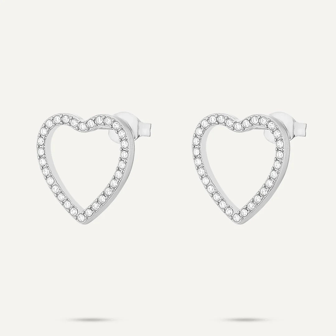 Vibes Pavé Open Heart Stud Earrings, White Gold-Plated Stainless Steel - RUTHERFORD & Co