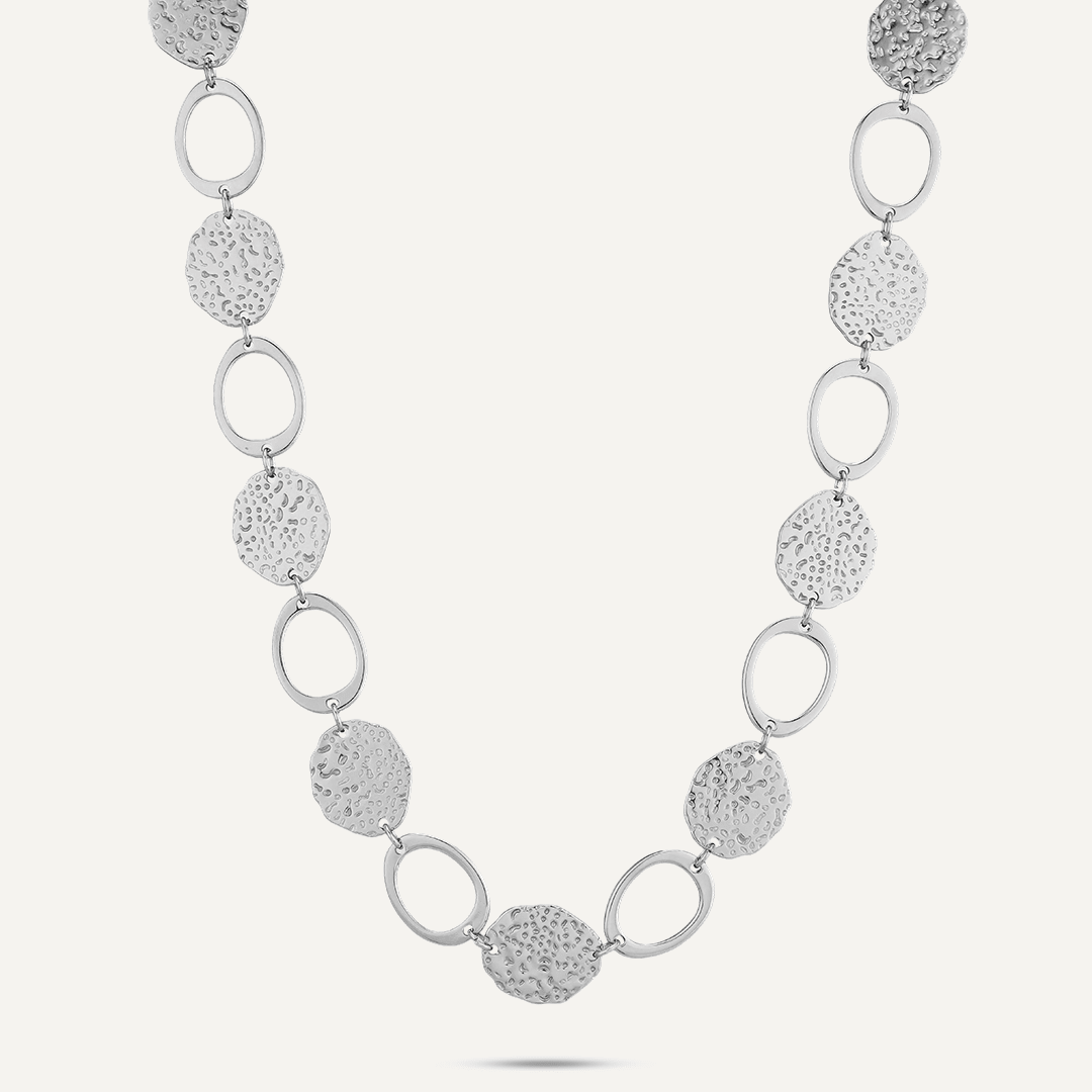 Vibes Textured Disc & Oval Necklace, White Gold-Plated Stainless Steel - RUTHERFORD & Co