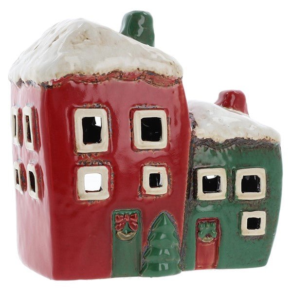 Village Pottery Xmas Red/Green Two House Tealight - RUTHERFORD & Co