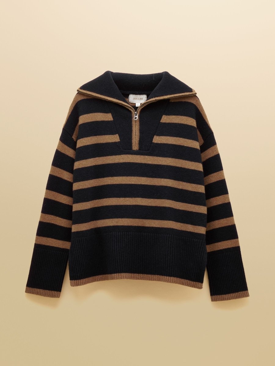 Waverley Wool - Rich Navy & Tan Stripe Quarter Zip Funnel Neck Jumper - RUTHERFORD & Co