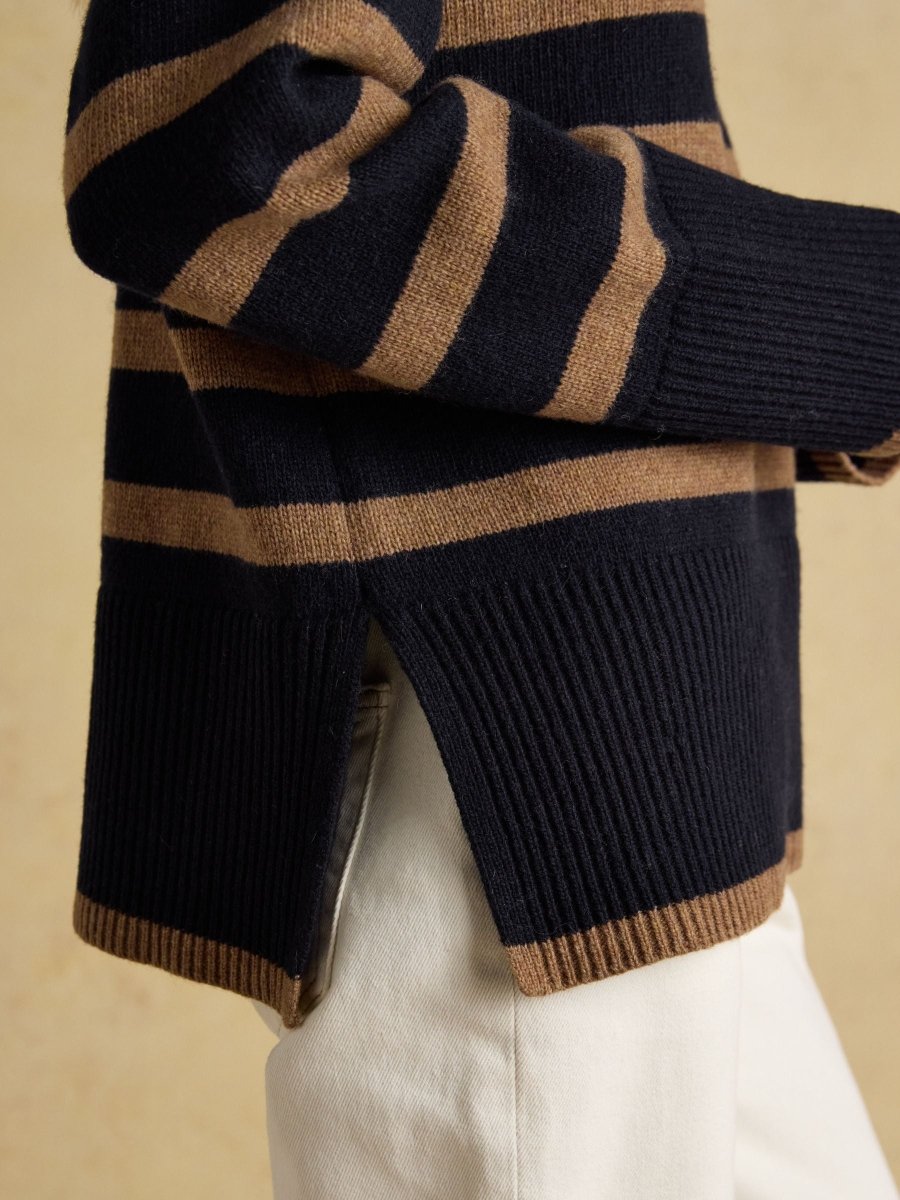 Waverley Wool - Rich Navy & Tan Stripe Quarter Zip Funnel Neck Jumper - RUTHERFORD & Co