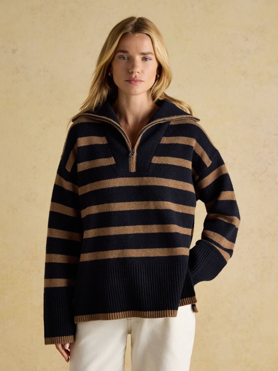 Waverley Wool - Rich Navy & Tan Stripe Quarter Zip Funnel Neck Jumper - RUTHERFORD & Co