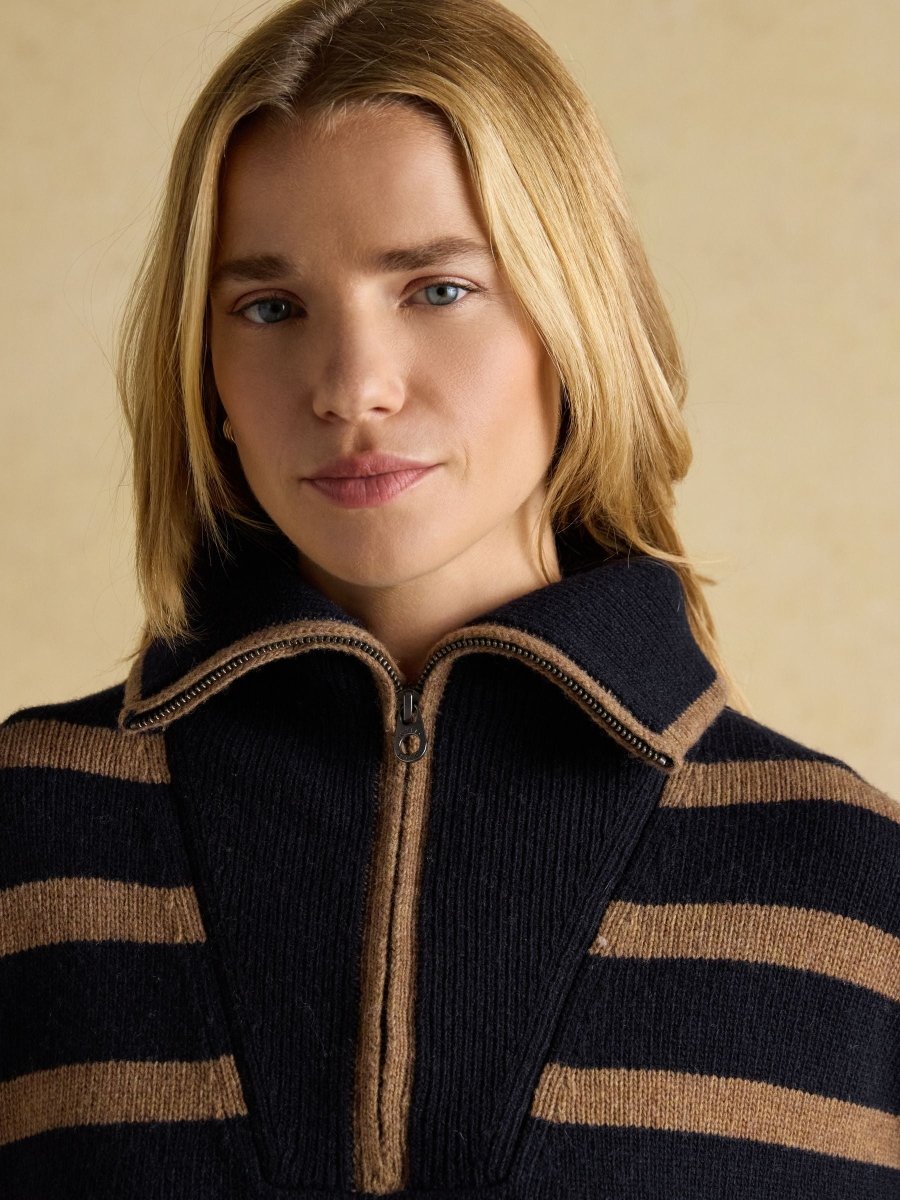 Waverley Wool - Rich Navy & Tan Stripe Quarter Zip Funnel Neck Jumper - RUTHERFORD & Co