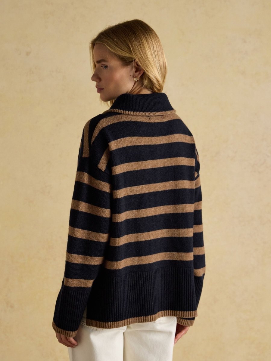 Waverley Wool - Rich Navy & Tan Stripe Quarter Zip Funnel Neck Jumper - RUTHERFORD & Co