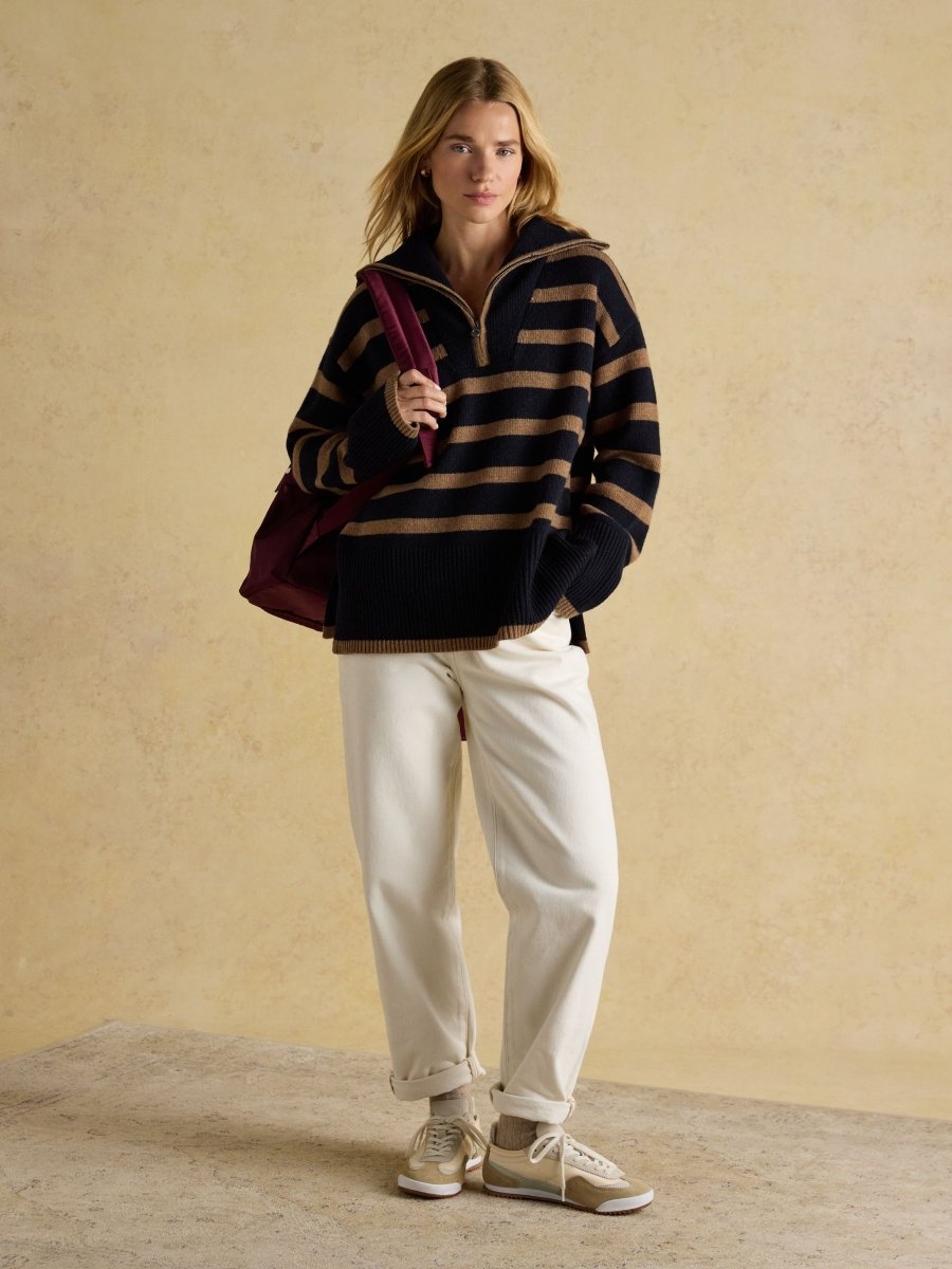 Waverley Wool - Rich Navy & Tan Stripe Quarter Zip Funnel Neck Jumper - RUTHERFORD & Co