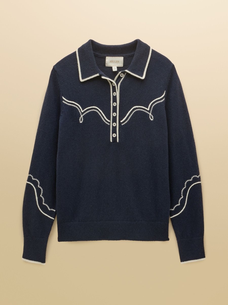Western Jumper Navy Embroidered Cotton Blend Collared Knitted Jumper - RUTHERFORD & Co