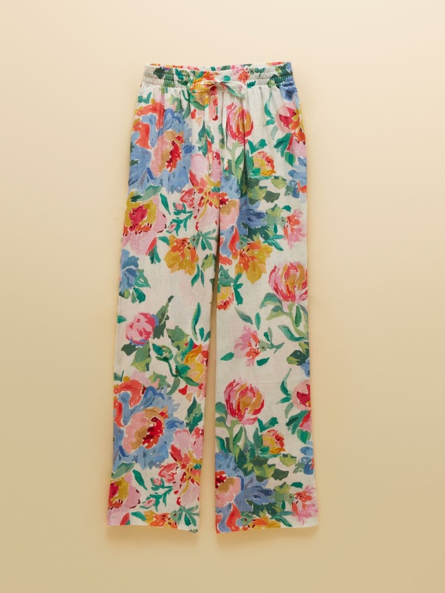 White Artist Floral Pure Linen Relaxed Wide Leg Trousers - RUTHERFORD & Co