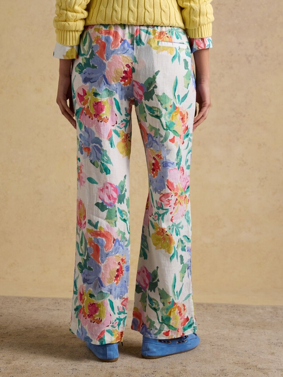 White Artist Floral Pure Linen Relaxed Wide Leg Trousers - RUTHERFORD & Co