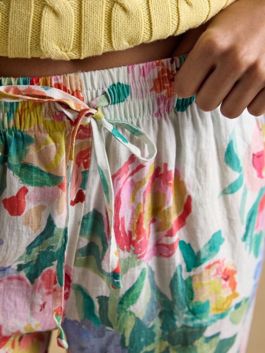 White Artist Floral Pure Linen Relaxed Wide Leg Trousers - RUTHERFORD & Co