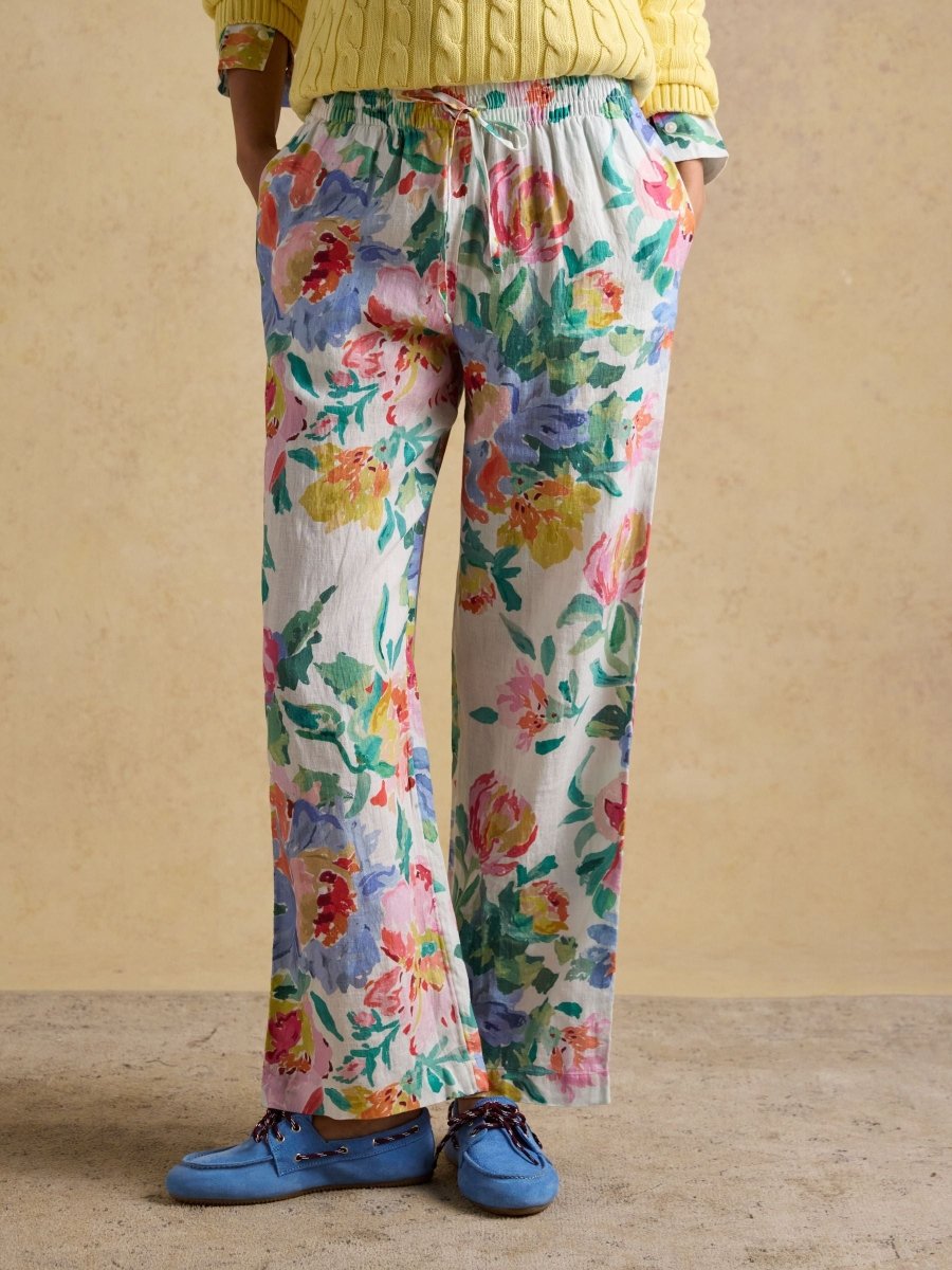 White Artist Floral Pure Linen Relaxed Wide Leg Trousers - RUTHERFORD & Co