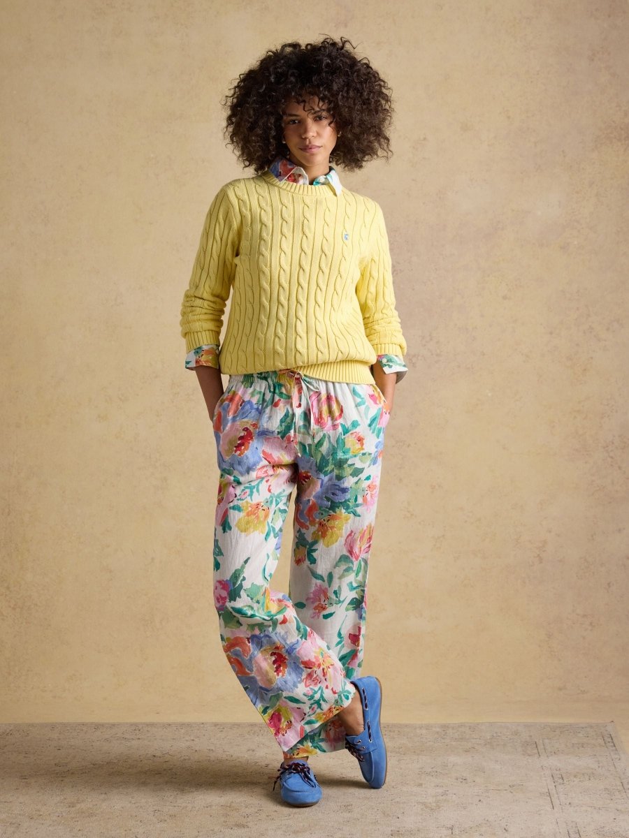 White Artist Floral Pure Linen Relaxed Wide Leg Trousers - RUTHERFORD & Co