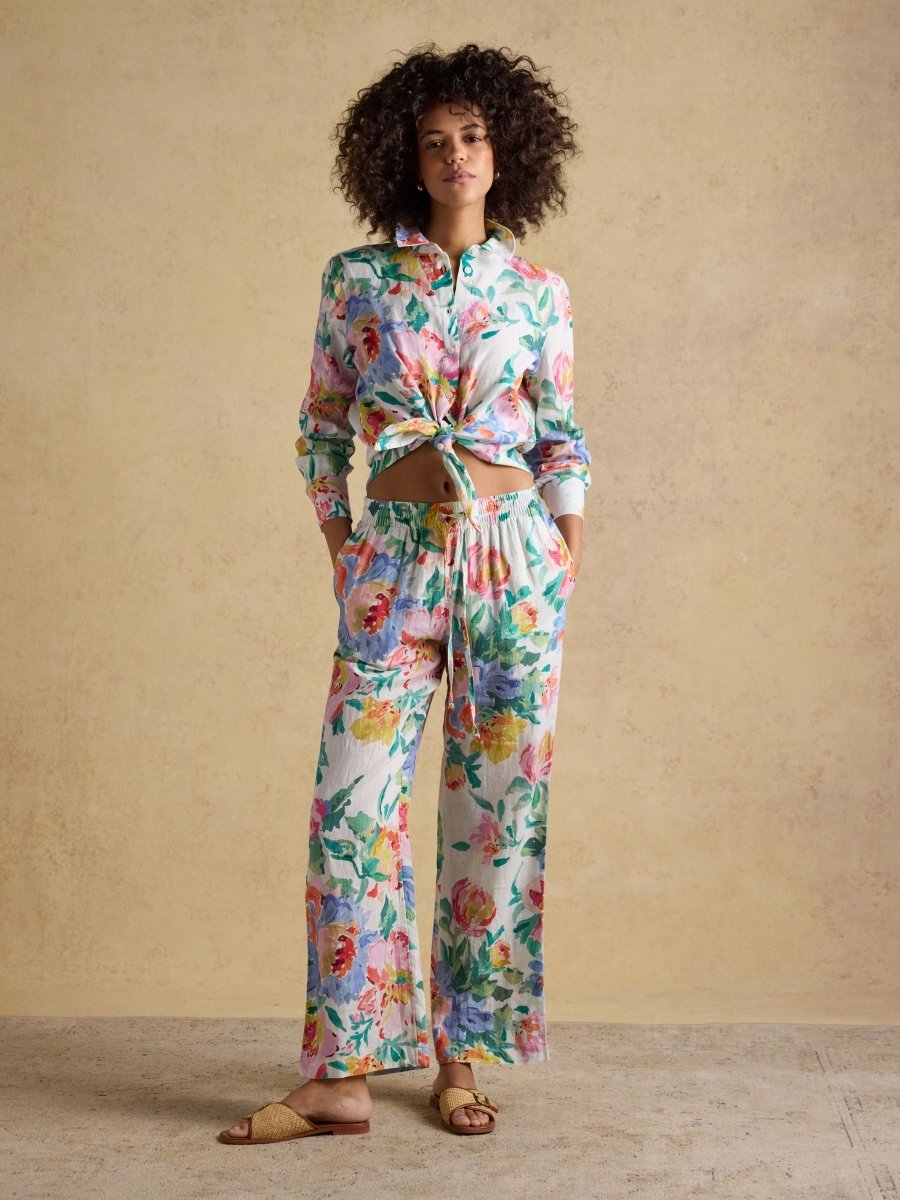 White Artist Floral Pure Linen Relaxed Wide Leg Trousers - RUTHERFORD & Co