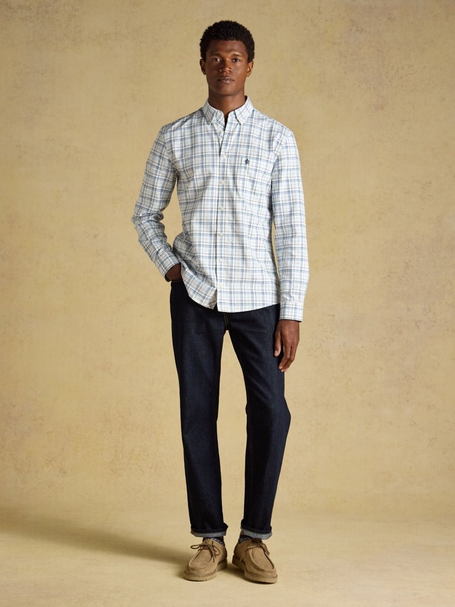 White & Blue Checked Classic Fit Cotton Oxford Shirt - RUTHERFORD & Co