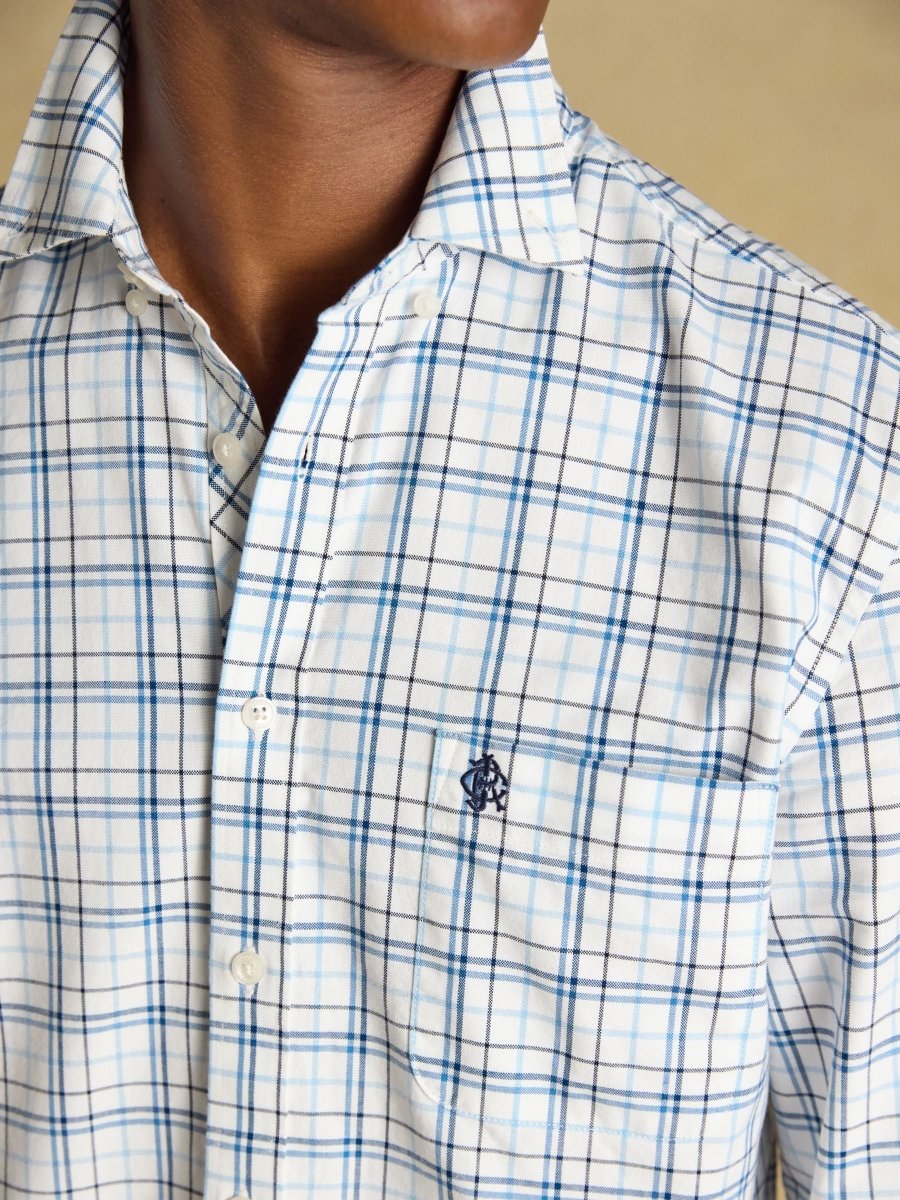 White & Blue Checked Classic Fit Cotton Oxford Shirt - RUTHERFORD & Co
