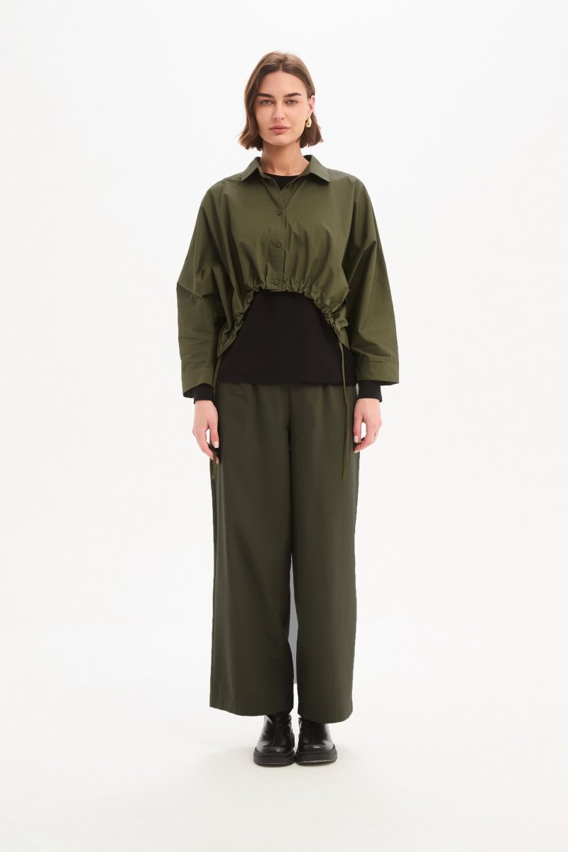 Wide Crop Poplin Overshirt Khaki - RUTHERFORD & Co