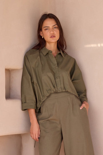 Wide Crop Poplin Overshirt Khaki - RUTHERFORD & Co