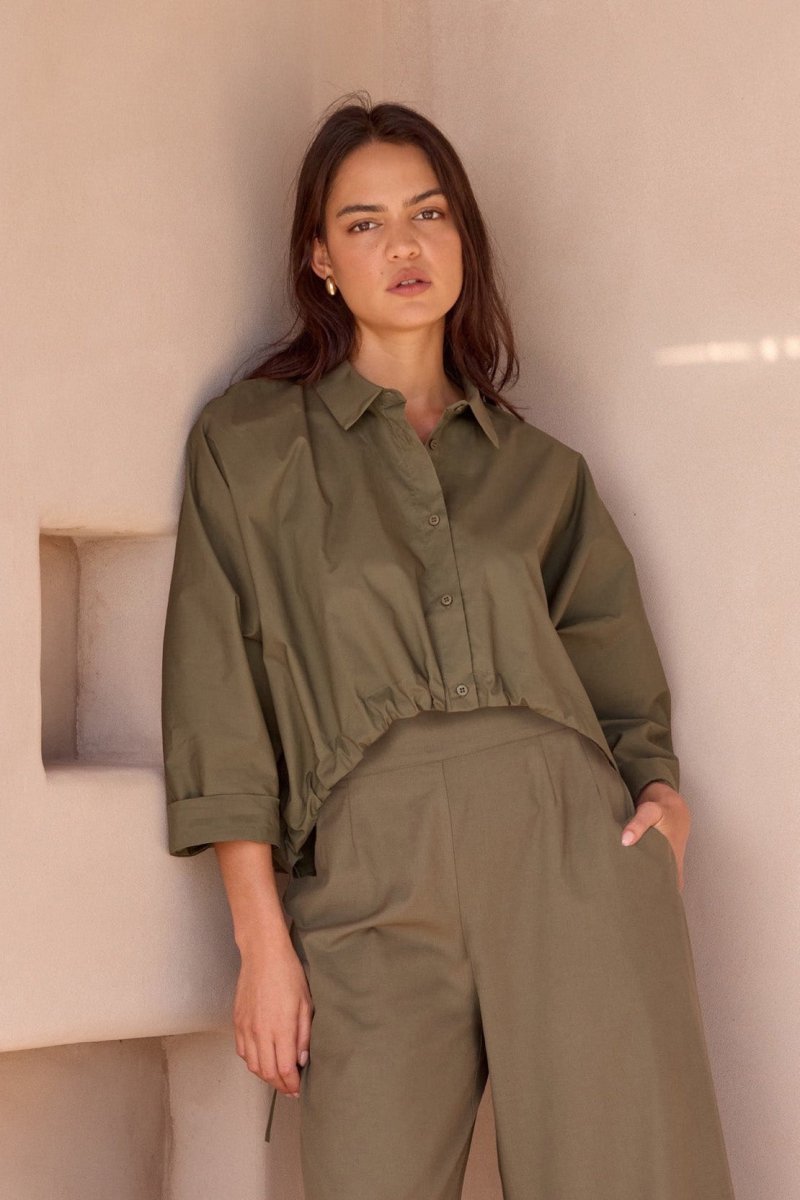 Wide Crop Poplin Overshirt Khaki - RUTHERFORD & Co