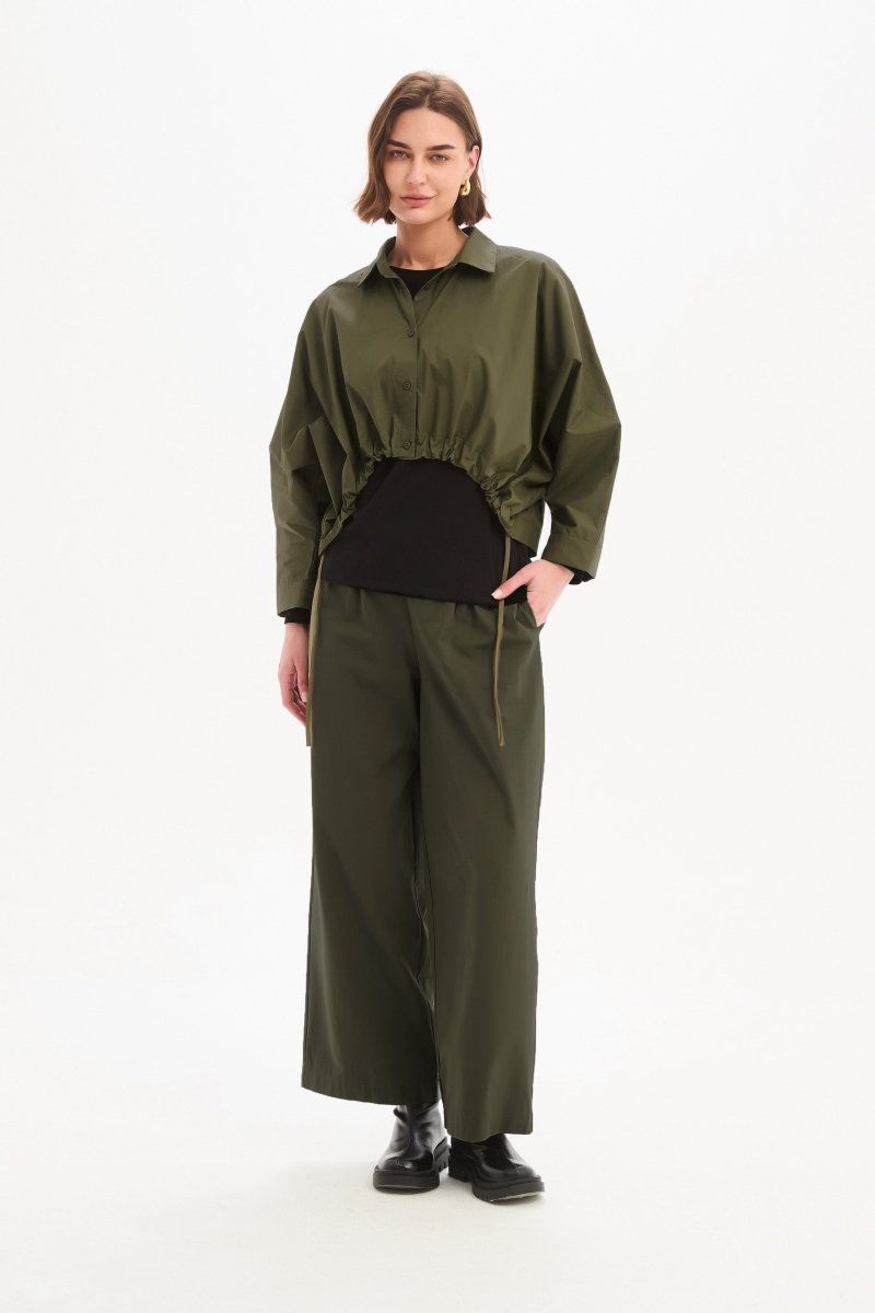 Wide Crop Poplin Overshirt Khaki - RUTHERFORD & Co