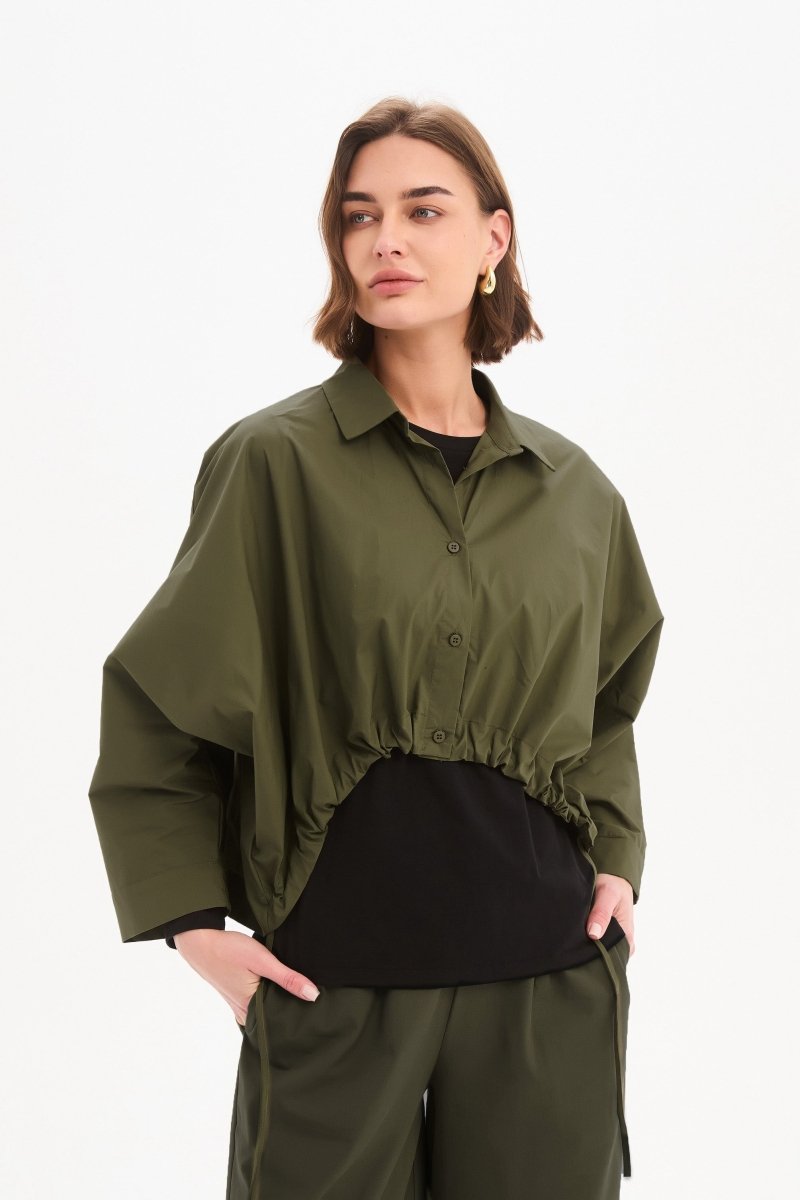 Wide Crop Poplin Overshirt Khaki - RUTHERFORD & Co