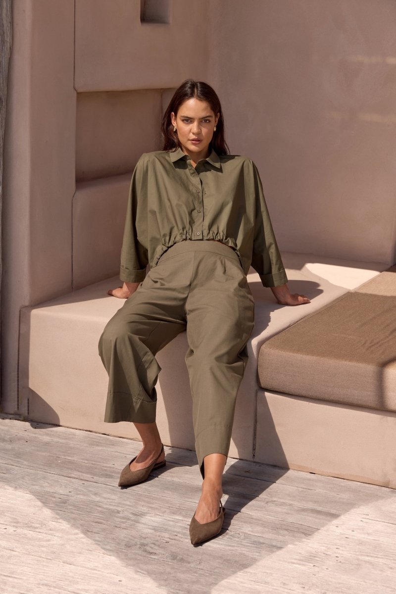 Wide Crop Poplin Overshirt Khaki - RUTHERFORD & Co