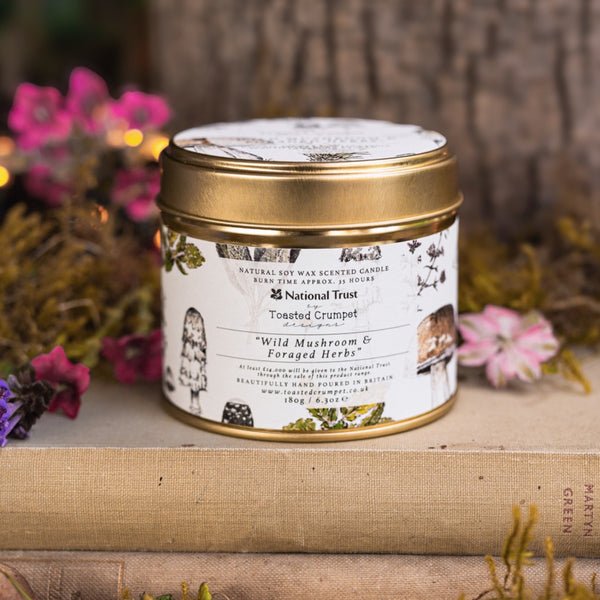 Wild Mushroom & Foraged Herbs Candle in a Matt Gold Tin - RUTHERFORD & Co