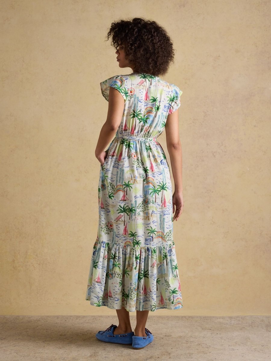 Winnie White Coastal Scene Frill Shoulder Maxi Dress - RUTHERFORD & Co