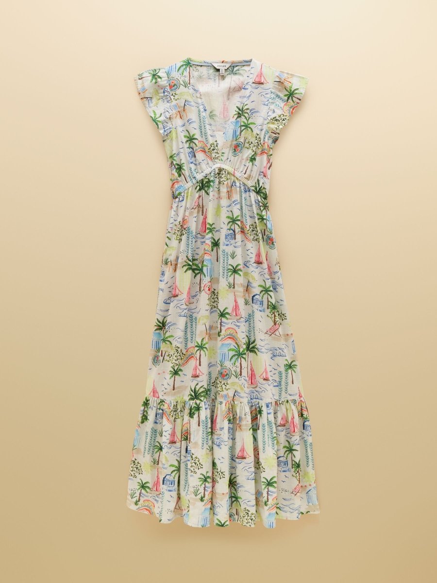Winnie White Coastal Scene Frill Shoulder Maxi Dress - RUTHERFORD & Co