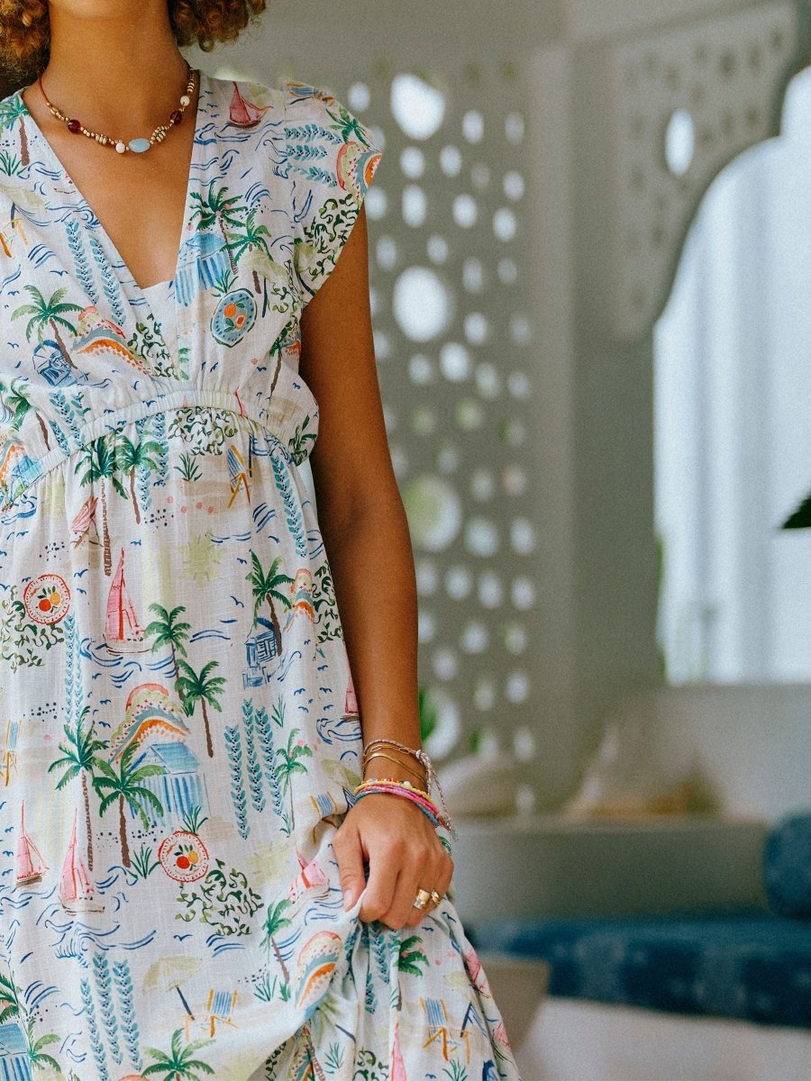 Winnie White Coastal Scene Frill Shoulder Maxi Dress - RUTHERFORD & Co