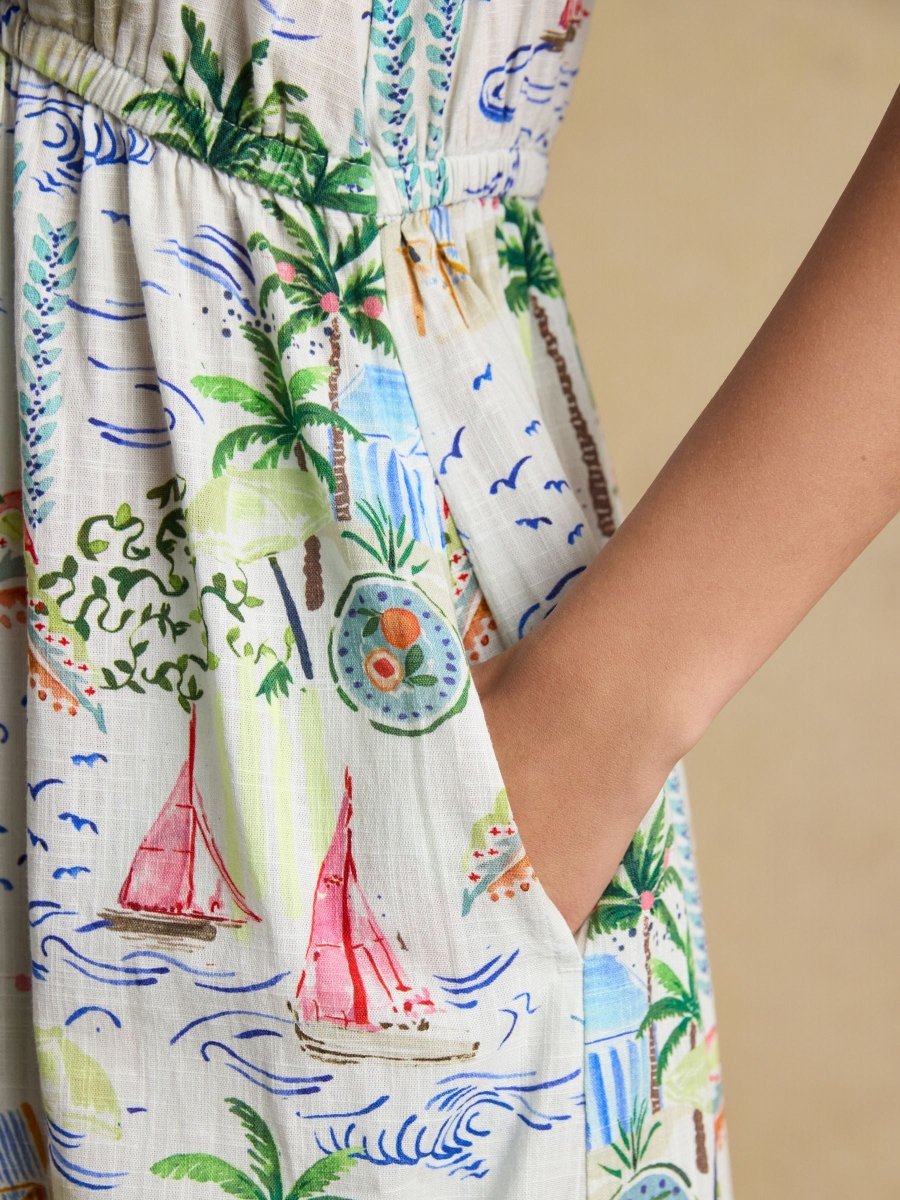 Winnie White Coastal Scene Frill Shoulder Maxi Dress - RUTHERFORD & Co