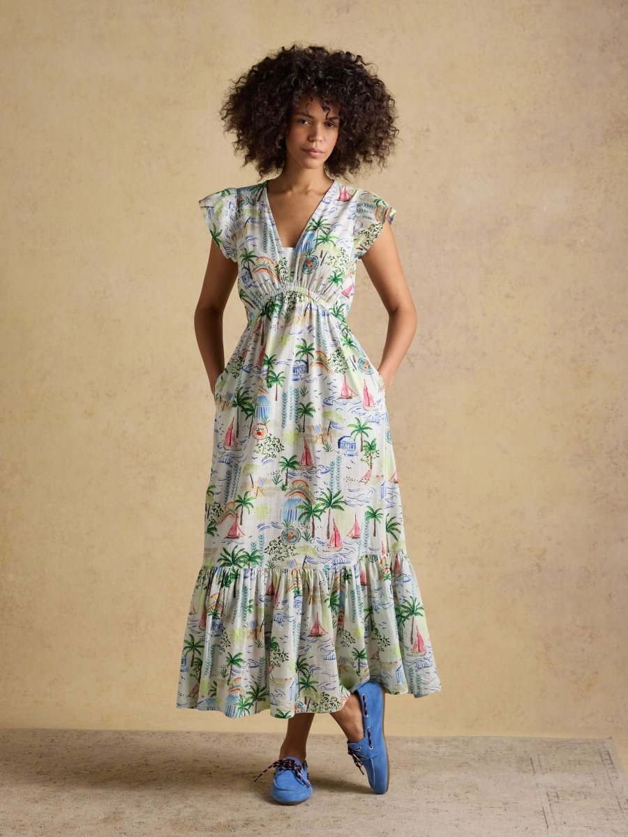 Winnie White Coastal Scene Frill Shoulder Maxi Dress - RUTHERFORD & Co