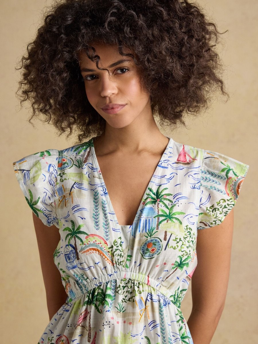 Winnie White Coastal Scene Frill Shoulder Maxi Dress - RUTHERFORD & Co