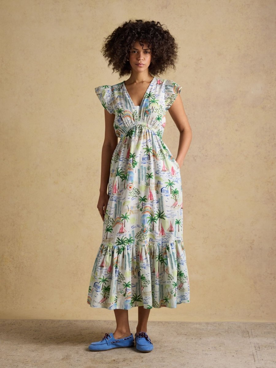 Winnie White Coastal Scene Frill Shoulder Maxi Dress - RUTHERFORD & Co