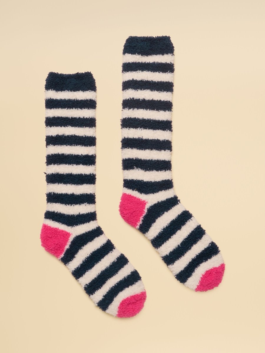 Women's Fluffy Navy Cream Stripe Socks (Size 4–8) - RUTHERFORD & Co