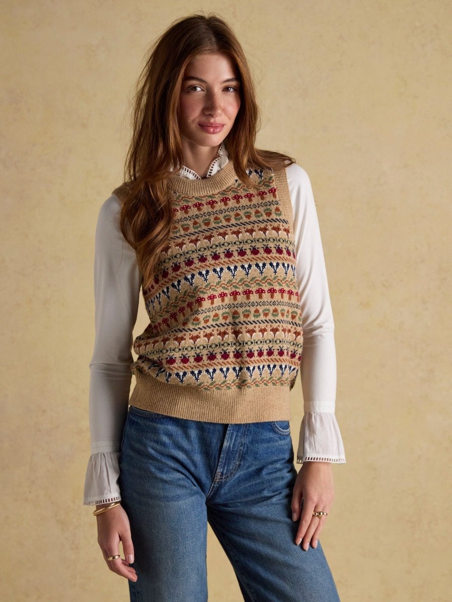 Woodland Oatmeal Intarsia Crew Neck Knitted Vest - RUTHERFORD & Co